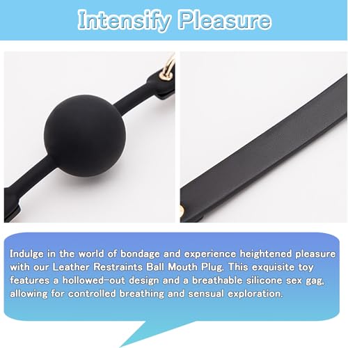 Image of DFsucces Leather Restraints Ball Mouth Plug Silicone Bondage Ball Gag Hollowed-Breathable Silicone Sex Gag Muzzles Adjustable Strap Bondage Harness Restraints( (Black-I2)