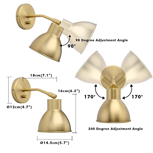 Image of Yosoan Set of 2 Antique Vanity Reading Wall Sconce with On Off Switch | Brass Vintage Industrial with 340 Degree Angle Wall Mount Lamp 5.7 inch Bowl Metal Shade Bedside Bunk