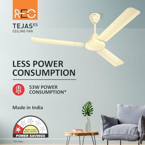 Image of REO Tejas 1200mm ES Ceiling Fan | High Speed, High Air Delivery | Strong & Powerful Copper motor, Air Delivery: 218 m /min, RPM: 370, 2 Year Warranty | (Pack of 1, Bianco)