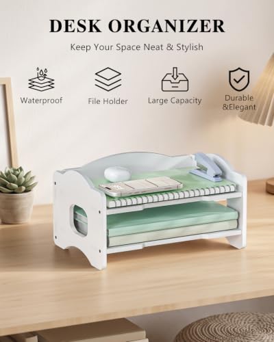Image of WALI Desk File Organizer, 2 Tier Stackable Desktop Paper Letter Tray Organizer with Handle, Office Desk Accessories & Workspace Organizers for Office, Home, School Supplies, 1 Pack, White