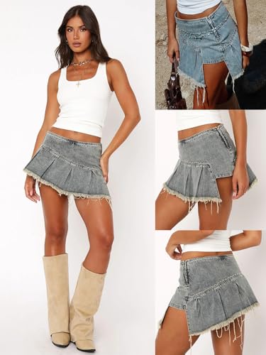 utcoco Women's 2025 Summer Low Waist Denim Mini Skirt Y2k Fashion Side Zipper Pleated A-Line Jean Short Skirt2