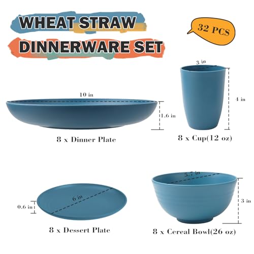 Image of Wheat Straw Dinnerware Sets, 32 PCS Dishes Set for 8, Unbreakable Lightweight Reusable Plates and Bowls Sets for Kitchen Outdoors RV Camping Patio, Dishwasher & Microwave Safe - Blue