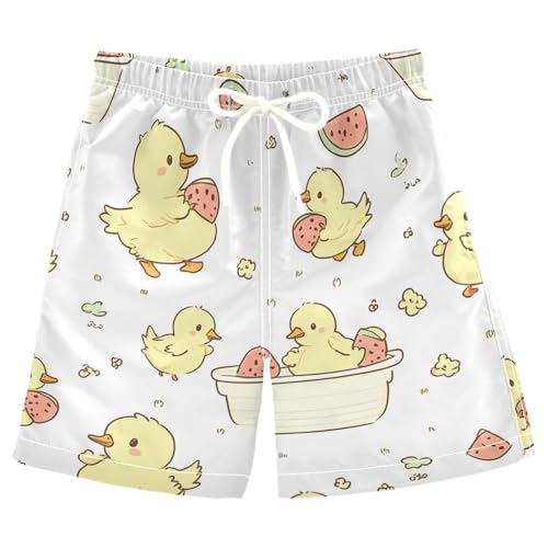 Little Yellow Duck Watermelon Pattern Boys Swim Trunks, Quick Dry Toddler Beach Shorts Boy Swimwear Bathing Suit