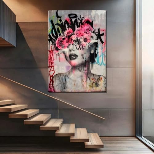 Toile murale graffiti floral 30x40cm avec cadre bois pour décoration salon