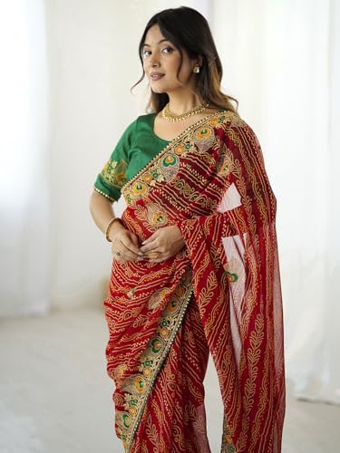 Image of Satrani Women's Georgette Bandhani Printed Embroidered gota lace Saree with Unstitched Blouse Piece