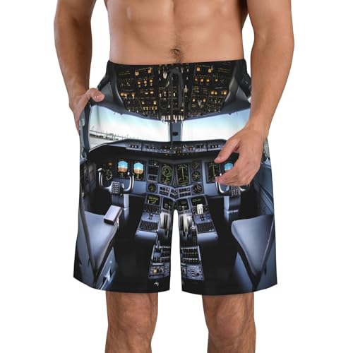 Airplane Cockpit Men's Swim Trunks Quick Dry Board Shorts with Pockets Casual Drawstring Beach Shorts