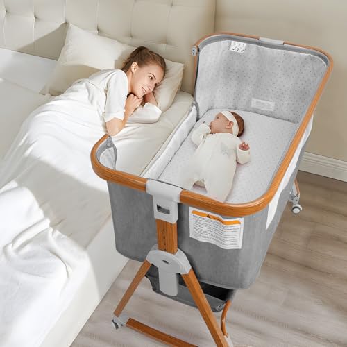 Image of BIERUM Bassinet, 4 in 1 Baby Basinet, Bedside Bassinet for Baby, 6 Height Adjustable Bassinet Bedside Crib with Lockable Wheels & Mosquito Nets, Large Storage Bag & Comfortable Mattresses Included.