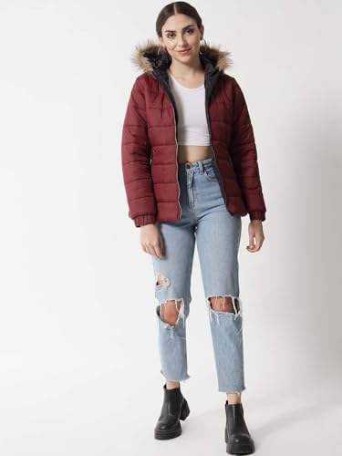 Image of KOTTY Women's Full Sleeve Zipper Fur Hooded Neck Puffer Jacket
