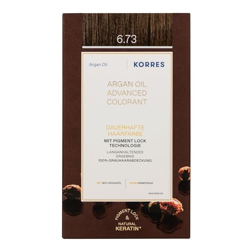 KORRES Argan Oil Colorant - tinte sin amoniaco con aceite de argán orgánico Golden Cocoa 6.73-100% cobertura de canas & vegano para un resultado de color duradero