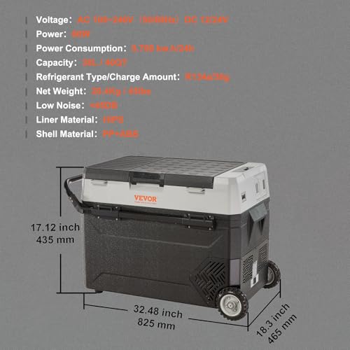 VEVOR Car Refrigerator, 12 Volt Car Refrigerator Fridge, 40QT/38L Dual Zone Portable Freezer, -4℉-50℉ Adjustable Range, 12/24V DC and 100-240V AC Compressor Cooler for Outdoor, Camping, Travel, RV