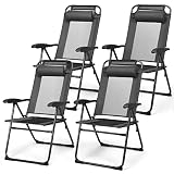 Tangkula Folding Patio Dining Chairs Set of 4, Portable Patio Chairs with 7 Level Adjustable Backrest, Detachable Headrest, Wide Seats, Breathable Mesh Backrest, Outdoor Sling Chairs, 300 Lbs Capacity