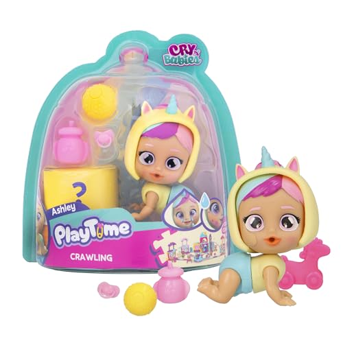 PLAYTIME CRY BABIES Day Care Ashley, Bambola Gattonanti da Collezione Day Care Babies, con 5+ Accessori, che Piangono Lacrime Vere con Funzione Magica, Bambini dai 4 ai 6 Anni