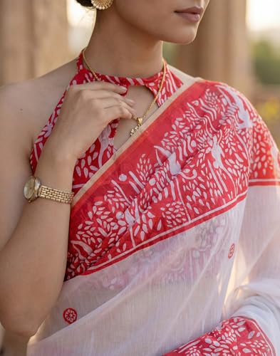 Image of SIRIL Women's Cotton Linen Printed, Zari Border One Minute Ready To Wear Saree With Unstitched Blouse Piece
