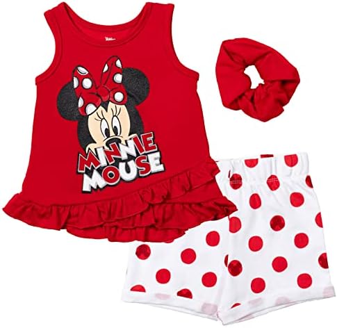 Disney Minnie Mouse Infant Baby Girls Tank Top French Terry Shorts and Scrunchie 3 Piece Outfit Set Polka Dots Red 18 Months