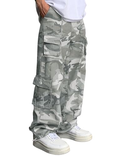 WDIRARA Men's Camo Print High Waist Button Streetwear Cargo Pants with Pockets