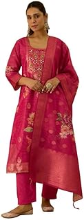 VredeVogel Women's Embroidered Chanderi Silk Jacquard Straight Kurta Pant Set with Dupatta | Perfect for Festive & Casual Price In India