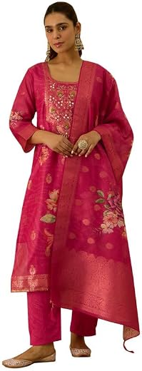 VredeVogel Women's Embroidered Chanderi Silk Jacquard Straight Kurta Pant Set with Dupatta | Perfect for Festive & Casual ...