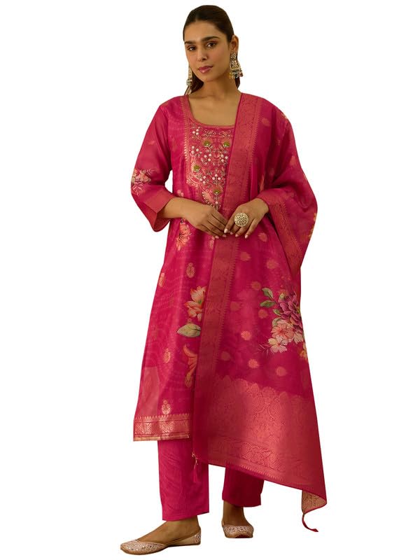 Image of VredeVogel Women's Embroidered Chanderi Silk Jacquard Straight Kurta Pant Set with Dupatta | Perfect for Festive & Casual Ethnic Wear Kurta Set