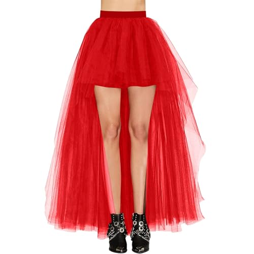 Saia de tule frontal curta e traseira comprida saia de tule para mulher, saia de tule irregular alta e baixa, assimétrica, de malha, tutu saia rave, vestido de baile, vestido de festa, Vermelho e