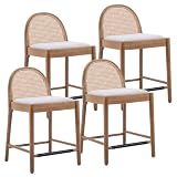 Picture of LukeAlon Modern Linen Counter Stools Set of 4, 26" Seat Height Low Bar Stools with Wooden Legs Natural Rattan Cane Back Counter Height Bar Chairs with Footrest for Home Pub Kitchen, Beige