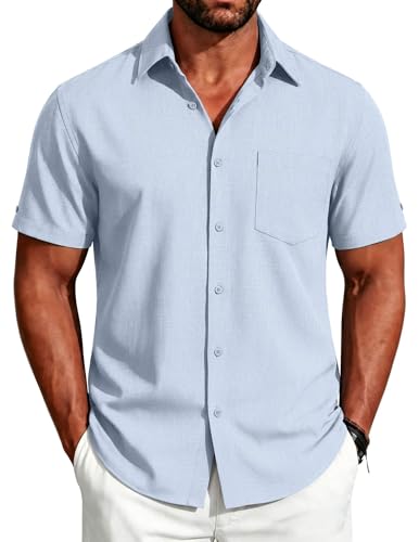 Image of COOFANDY Men's Button Down Shirts Short Sleeve Casual Shirts Summer Beach Linen Shirts with Pocket
