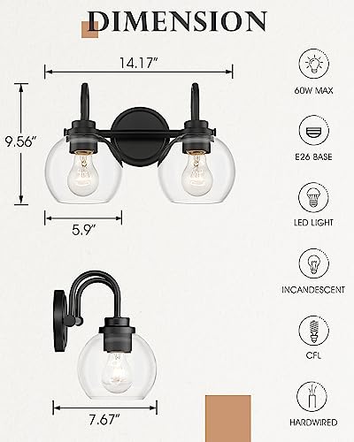 Image of 2-Light Bathroom Vanity Light Over Mirror, Matte Black Vanity Light with Clear Glass Shade, Bathroom Light Fixtures Wall Mount for Powder Room Bath, AD-22280-2W-BK