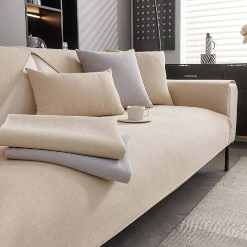 CJJZFO Sofa Überzug Weiche Chenille Sofabezug: Hund Katze Sofaschoner Anti Rutsch Vintage Couch Überzug für U Form L Form Sektionssofa für 1 2 3 4 Sitzer Sofa (Beige, 90 * 210cm)