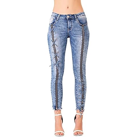 Glook Women's Skinny Mid Rise Jeans | Lace-Up Skinny Jeans for Women | Slim Fit Stretchy Sexy Casual Mid Waist Pants with Front Lace Design for Ladies (8, Blue) Cover