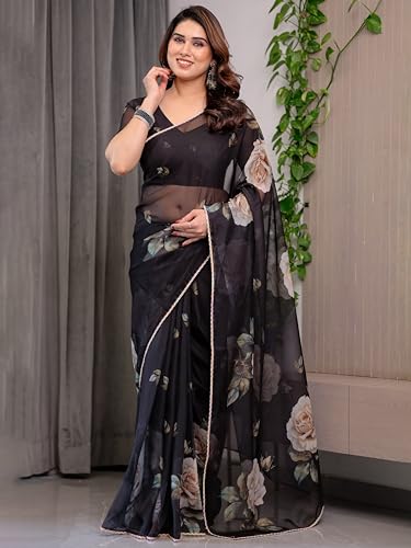 Image of ALMAARI FASHIONWomen's Floral Printed Organza Saree with Unstitched Blouse Piece | Traditional Ethnic Wear Sarees | Soft Lightweight Ethnic Office Wear Daily Wear Indian Sari (ORGANZA 121-130 H)