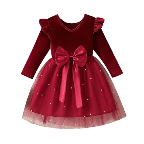 Rot Weihnachtskleid Mädchen Kleid Winterkleid Weihnachtsoutfit Mädchenkleid mit Langen Ärmeln, Rundhalsausschnitt Schleife, kariert, lässig, für...