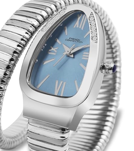 Image of French Connection Eternelle Curve | Sky Blue Dial with Silver Case | Flexible Wrap Bracelet Strap | Crystal Accent Design | Roman Numerals Analog Watch for Women - FCN0142USM
