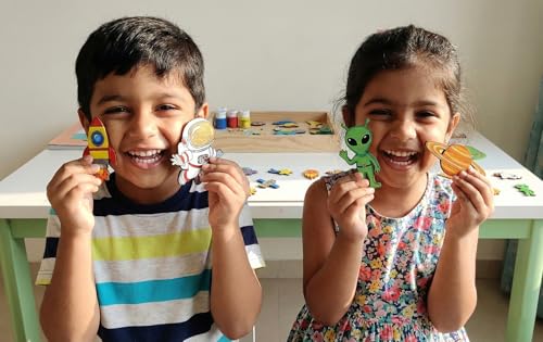 Image of ImagiVibe Paint Your Own Space Theme Fridge Magnets Kit for Kids | 12 MDF Cutouts DIY Painting Activity with Colours & Brush | Creative Screen-Free Art & Craft Kit | Made in India (Space)