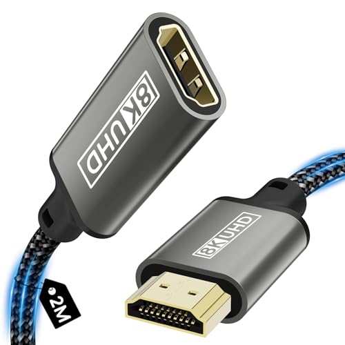 Zestiq HDMI Verl&auml;ngerungskabel, 8K Stecker auf Buchse HDMI Verl&auml;ngerung Kabel, 48 Gbps Ultra High Speed, UHD, HDR, ARC, 3D Kompatibel mit TV Stick, Roku, Blu-Ray, Xbox, PS5, HDTV, Laptop &ndash; 2 m