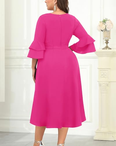Image of Plus Size Wedding Guest Dress - Double Bell Sleeve High Low Split Dresses | Semi formal cocktail dress, V-neck double bell sleeves with belted high-low split ruffle hem.