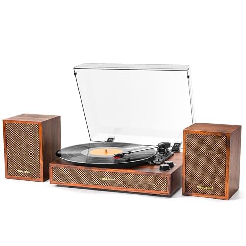 Vinyl Record Player with External Speakers, 3 Speed Vintage Stereo Turntable for Vinyl Records, Bluetooth Input, Auto Stop & Belt Driven System, RCA Out and Aux in - Brown Brown Wood
