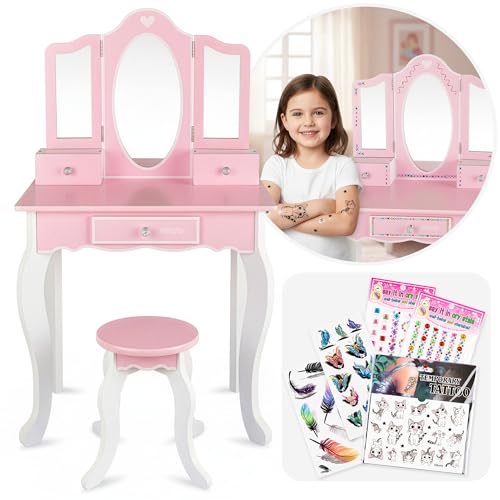 Green series Kinderplay Tocador Grande de Madera para niña con Espejo, tocador Rosa para niños