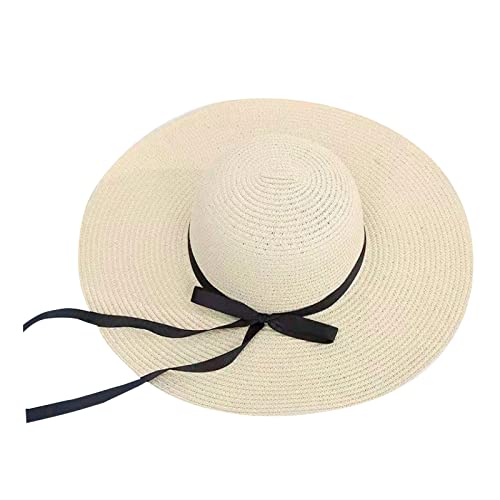 OBiQuzz Sombrero de paja de ala ancha para mujer, sombrero de paja de ala ancha, sombrero de playa plegable, beige, Talla única