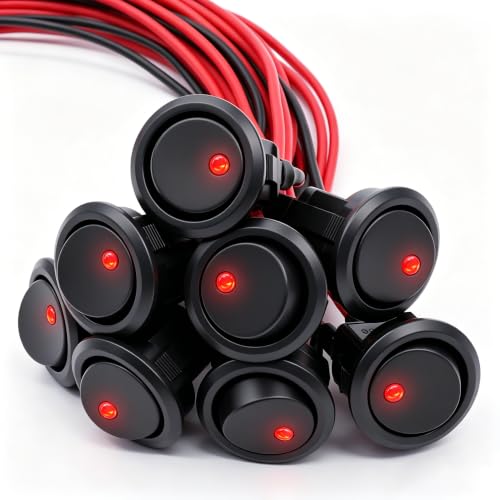 Twidec/8Pcs SPST Round Dot Lighted Rocker Switch Toggle Control for Car Or Boat 20A 12V DC On/Off Red LED Light with Pre-soldered Wires KCD2-102N-R-X