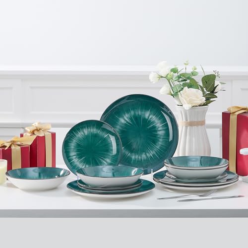 Image of Bestone 12 Piece Round Kitchen Dinnerware Sets,Plates and Bowls sets,Dishes, Plates, Bowls, Dish Set,Plates and Bowls,Service for 4, Chip Resistant Porcelain ,Starburst Turquoise Green