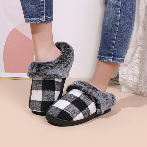 Afellicy Womens Memory Foam Slippers Warm Checkered House Shoes Indoor and Outdoor Lining Bedroom Fuzzy Slipper Comfy Shoe3