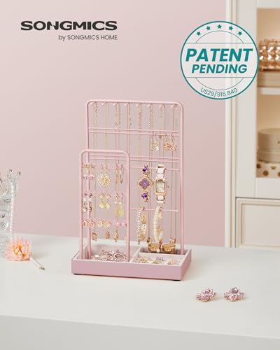 Image of SONGMICS Necklace Holder, Jewelry Stand Holder Organizer, Jewelry Display with Metal Frame, Velvet Tray, Earring Bracelet Holder, for Gift Idea, 4.5 x 7.7 x 12.1 inch, Jelly Pink UJJS021R01