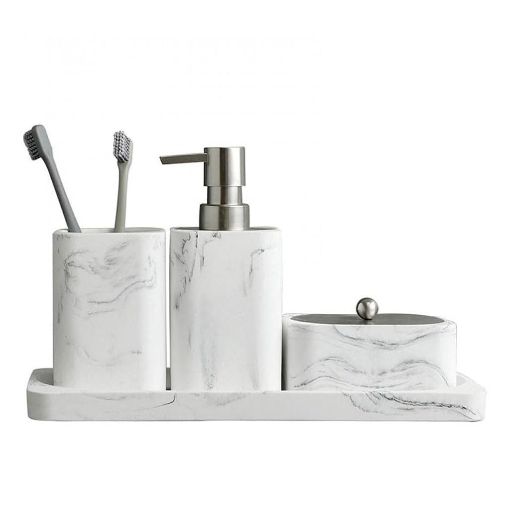 Bdmry White Marble Look Bathroom Counter Top Accessory Set Of 6, Modern Dispenser For Toothbrush Holder/Lotion Dispenser, Soap Dish And Tray