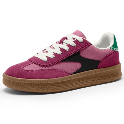 Vilanva Women's Fashion Sneakers Casual Tennis Shoes with Genuine Suede Classic Retro Gum Sole Walking Trendy Footwear Pink Multi