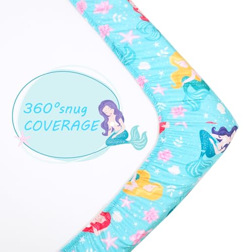 Image of JISEN Baby Crib Sheet 1 Piece Portable Fitted Crib Sheet for Standard Crib and Toddler Mattresses Nursery Bed Decor for Boys Girls 28x52 Inch Green Mermaids