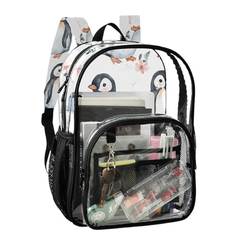 linqin Cute Penguins Flowers Clear Backpack for High School Clear Book Bags for Teen Girls Transparent Heavy Duty Bag2