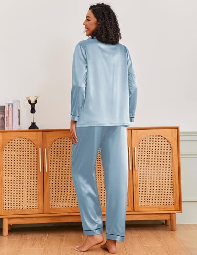 Image of Ekouaer Pajamas for Women Silk Satin Button Down Long Sleeve Pajama Sets