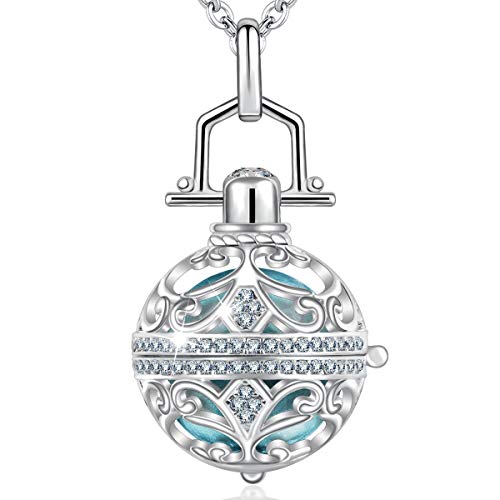 AEONSLOVE Harmony Ball Pregnancy Bola Necklace, Vintage Cubic Zirconia Harmony Ball Locket Angel Chime Caller Bell 18mm Mexican Bola Balls Pendant Necklaces for Women, 30"/45'' Chain(Cornflower Blue)