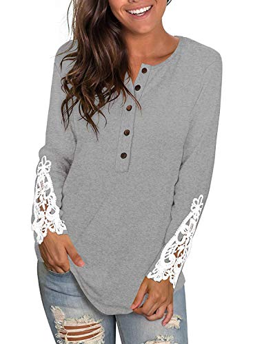 XLXZHYF Womens Casual Long Sleeve Shirt Round Neck Solid Lace Buttons Henley Shirts Tunic Tops,Gray,XL