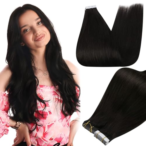 Image of Full Shine Tape in Hair Extensions Human Hair 14Inch Black Remy Human Hair Extensions Invisible Color 1B Natural Tape in Extensions Real Human Hair 20Pcs 50G Double Sided Hair Extension Tape ins