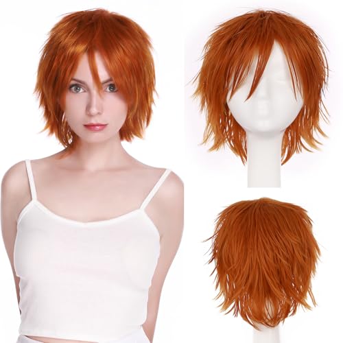 S-noilite Short Pixie Anime Cosplay Hair Wig Unisex Women Men Male Short Straight Layered Costume Full Wigs with Spiky Bangs for Halloween Comic-Cons Party Dark Orange